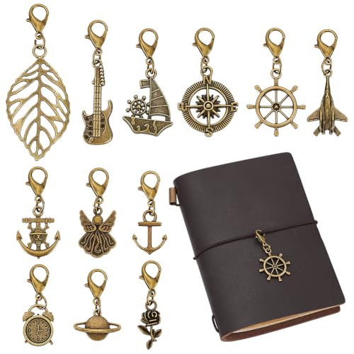 BENECREAT 12 estilos de abalorios vintage para cuaderno de viajero, pulsera con cierres de langosta para hacer joyas, decoración de cuadernos, colgantes de aleación dorada antigua para planificador