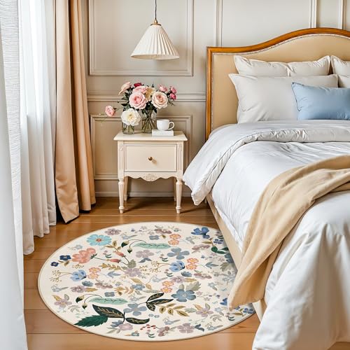 Washable Floral Round Rugs for Bedroom - 4x4 Feet Circle Area Rugs for Living Room Nursery Non-Slip Stain Resistant Ultra Soft Carpet for Teen Girls and Boys Dorms Home Decor Aesthetic(4ft,Cream)