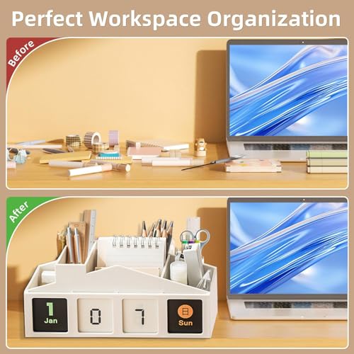 Image of Pen Holder for Desk Aesthetic - 4 Compartments Marker Holder,With 365-Day Recurring Calendar Replacementsuitable for Home And Office Decorating, Teacher Organization for Classroom(Black)