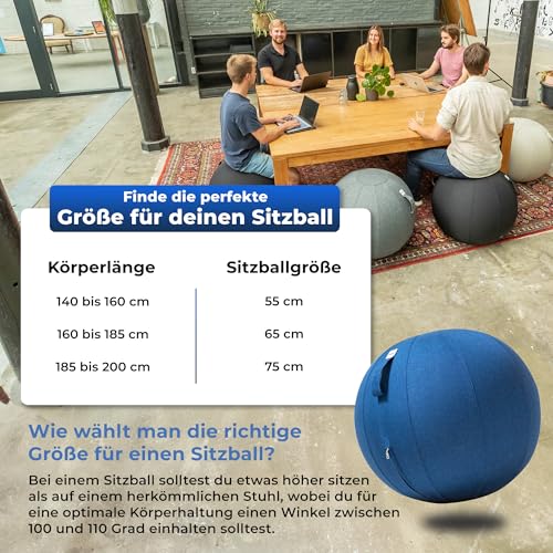 Backerz Sitzball Büro Ergonomisch 65 cm, Ergonomische Sitzmöbel für Büro und Heimbüro, Langlebiger Stoff, Gymnastikball - Fitness-Ball, Ballstuhl mit Ballauflage - Waschbarer Leinenbezug - Dunkelblau