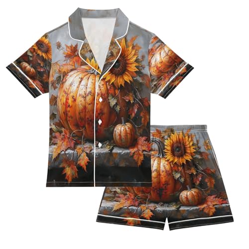 Satin Pajama Sets Short Sleeve Autumn Pumpkin with Sunflower Leaves Button Down Silky Nightwear 2 Piece PJS 5-14Y
