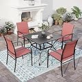 SUNSHINE VALLEY 5 Piece Patio Dining Set for 4, 37”x37” Square Table with Umbrella Hole, 4 Metal Red Chairs, Outdoor Table and Chairs Set for Lawn Backyard and Deck