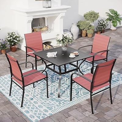 SUNSHINE VALLEY 5 Piece Patio Dining Set for 4, 37”x37” Square Table with Umbrella Hole, 4 Metal Red Chairs, Outdoor Table and Chairs Set for Lawn Backyard and Deck
