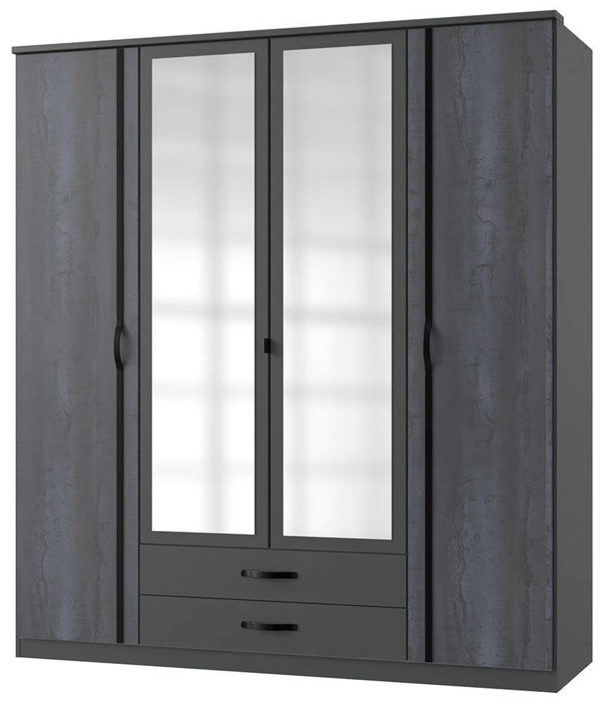 Urban DecoDuo2 Graphite 4 Door Wardrobe With 4 Shelves 2 Hanging Rails, Bedroom Storage Furniture - Grey