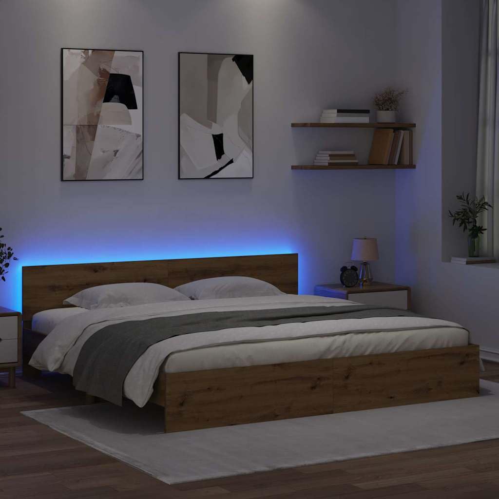 Marco de cama de roble Artisan de madera de 200 x 200 cm con somier y tiras LED para dormitorio de matrimonio con cabecero e iluminación moderna