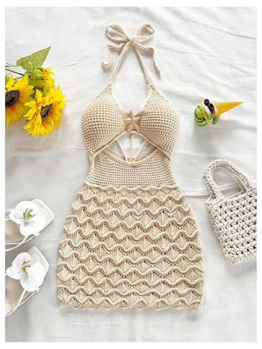 Image of GORGLITTER Women's Vacation Outfit Crochet Halter Knit Bubble Mini Dress Sexy Beach Cruise Summer Miami Resort Outfits Apricot Starfish X-Small