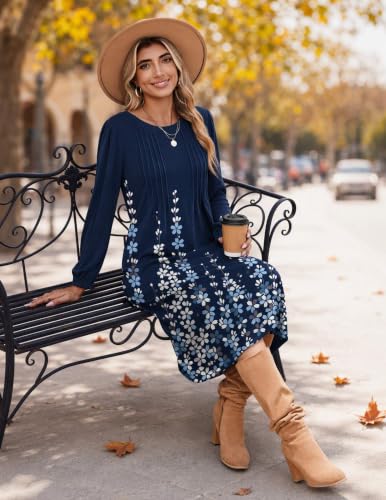 Image of Zeagoo Fall Dresses for Women Long Sleeve Midi Dress Casual A Line Dresses 2026 Pleated Flare Dress with Pockets
