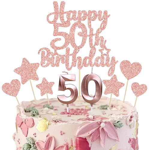 Gyufise 15Pcs Happy 50th Birthday Cake Topper Set with Heart Star Glitter Cheers to 50 Years Cake Picks Number 50 Candles Cake Decorations for Happy 50th Birthday Anniversary Party Supplies Rose Gold