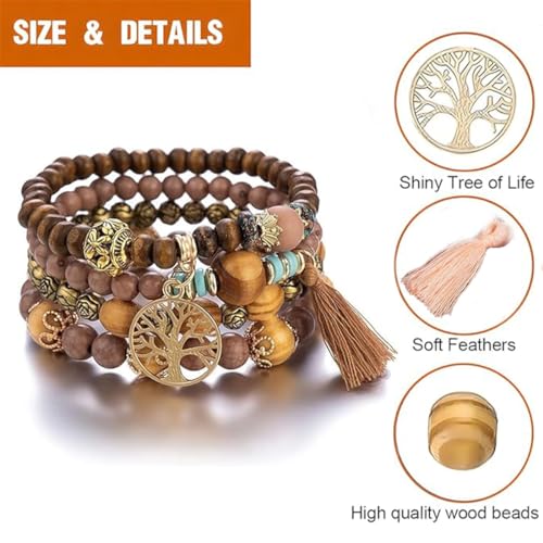 LICHUANUK Boho 4 Stück Armbänder Holzperlen Quaste Armband, Chakra Armband für Frauen, Natürliches Kristall heilsteine armband, Frauen Baum des Lebens Charm Statement Armreifen, Kristall Perle
