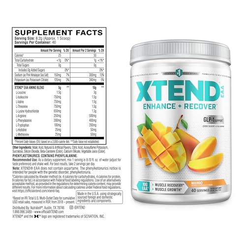 Image of Xtend EAA + BCAA Powder for Muscle Recovery & Lean Muscle Growth, 9 Essential Amino Acids for Intra Workout or Post Workout Recovery, 10g EAAs Per 2 Servings, Mango 40 Servings