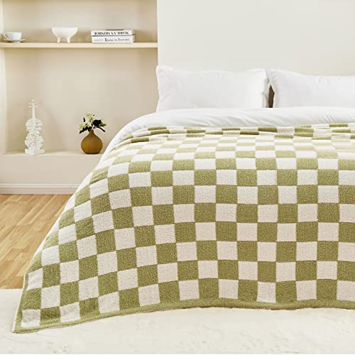Image of CozeCube Sage Green White Reversible Checkered Knit Throw Blanket 60 inchx80 inch