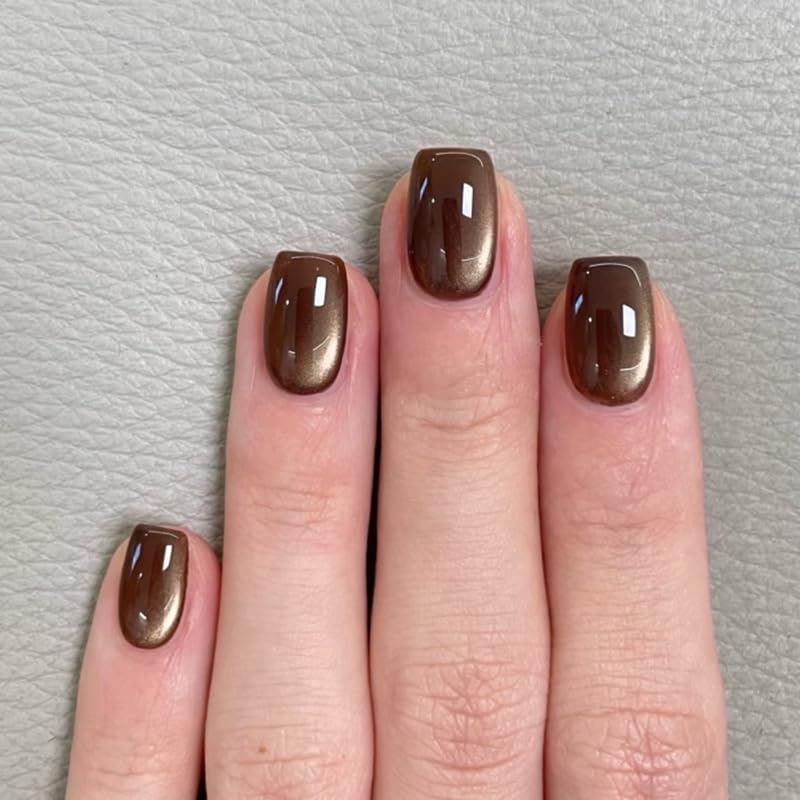 XZMeiLun Glitter Brown Cat Eye Press On Nails Short Round – Fall Caramel Color, Gel-Infused Acrylic Reusable Fake Nails w/Adhesive Tabs & Glue, Salon-Quality Cute Press-Ons for Women Girls Gift
