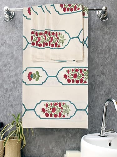 Image of Mafatlal Madhuban Cotton Waffle Towel Set (1 Bath 147x76 cm + 4 Hand 76x38 cm) | 250 GSM | High Absorbent Hand Block Print | Samba Color