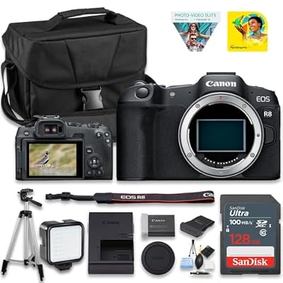 Canon EOS R8 Mirrorless Camera Body, Full‑Frame CMOS Sensor, 24.2 Megapixels, 4K 60p Video, Lightweight Camera for Content Creation, Photography and Vlogging + 128GB Card + Camera Case