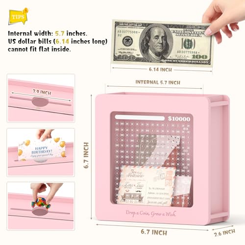 Image of Summidate Wooden Money Saving Box, Clear Window Cash Vault Savings Box -10000 Challenge with Tracker Stickers, Reusable Piggy Bank for Adults & Kids, Birthday /Baby Shower /Wedding Gift