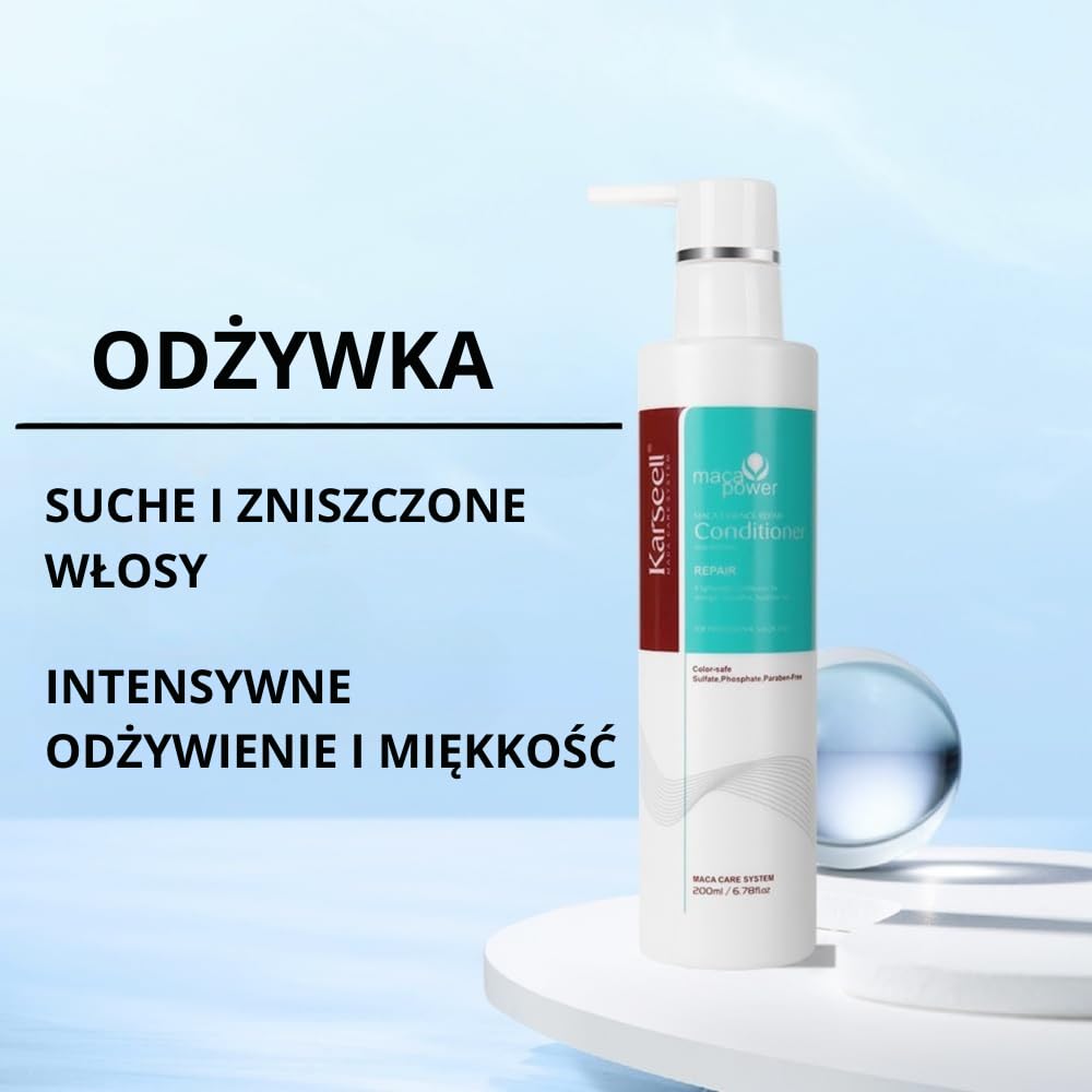 Karseell MACA CARE SYSTEM Zestaw kolagenowych maseczek do włosów 100 ml + szampon o objętości 200 ml + odżywka do włosów 200 ml nawilżająca objętość naprawa połysku, gładkość, suche, zniszczone włosy