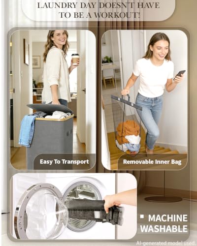 Image of Laundry Hamper with Wheels, 75L Large Clothes Hamper with Removable Inner Bag, Collapsible Dirty Clothes Basket for Dorm, Rolling Dirty Clothes Basket for, Bedroom, Bathroom, Laundry Room