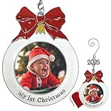 Baby's 1st Christmas Photo Ornament with a 2025 Charm - Shaped Like a Bulb with White Glitter and A Red Bow Design - Gift-Storage Bag Included - 3' D