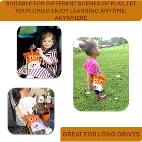 Image of Giraffe Quiet Activity Book, 8 basic skills. Busy book for toddlers, Sensory Toy for Toddlers. Developing Motor, Cognitive, and Sensory Skills. Giraffe backpack. Zipper button toy for toddler