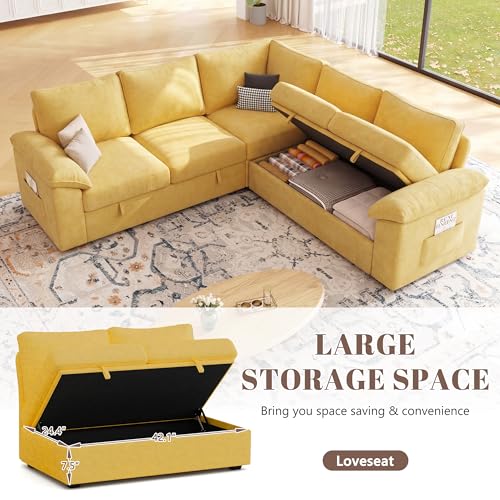 Image of 85 Inch Modular Sectional Sofa with Pull Out Bed, L Shaped 5 Seat Sectional Sleeper Sofa with Storage, Sectional Couches for Living Room, Cloud Modular Couch,Removable Sofa Cover,Yellow