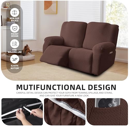 Image of Genina Recliner Loveseat Covers, Stretch Reclining Sofa Covers, 2 Seater Couch Cushion Stripe Jacquard Recliner Slipcovers - Furniture Protector Covers for Pet Kid (Chocolate)