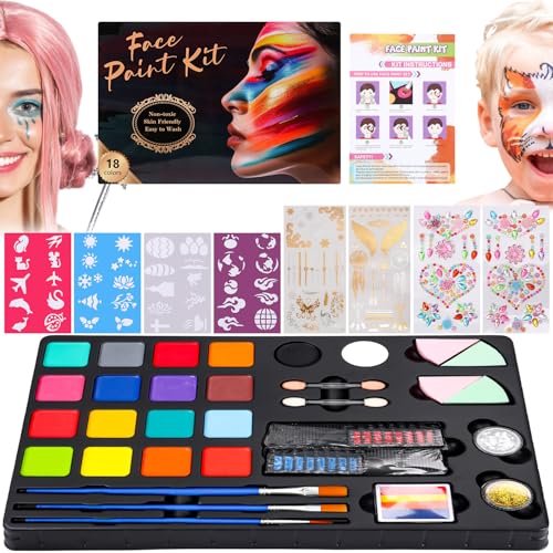 Kinderschminke Set 20 Farben Komplettset Gesichtsfarbe Kinderschminken mit 40 Schablonen, Strasssteinen & Berufs-Pinsel für Fasching, Karneval & Kinderpartys