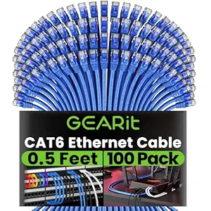 GearIT 100-Pack, Cat 6 Ethernet Cable Cat6 Snagless Patch 0.5 Feet - Snagless RJ45 Computer LAN Network Cord, Blue - Compatible with 48 Port Switch POE Rackmount 48port Gigabit