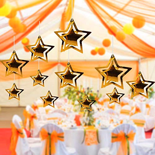 Image of Pack of 10 Golden Metallic 3D Star Party Decoration Kit Star Party Supplies Hanging Decor for Party, Happy Birthday, Anniversary,