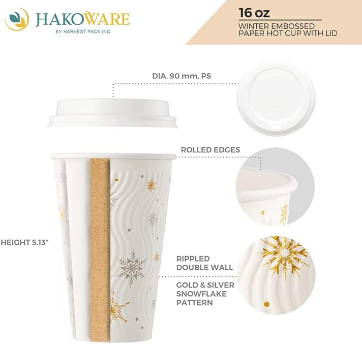 Miniatura 2 de Paquete de 100 tazas de café de Navidad de 16 onzas, vasos de papel desechables de invierno con copos de nieve blancos, vasos de papel de pared con