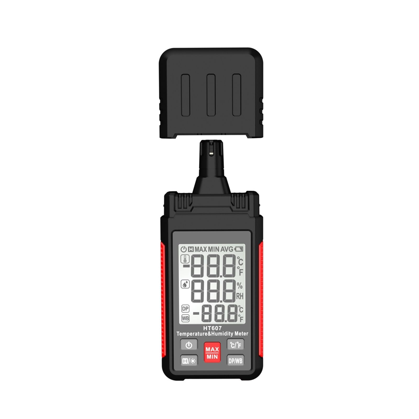 Higrómetro digital HT607 - Medidor de temperatura y humedad con pantalla LCD, psicrómetro for medición de punto de rocío y bulbo húmedo