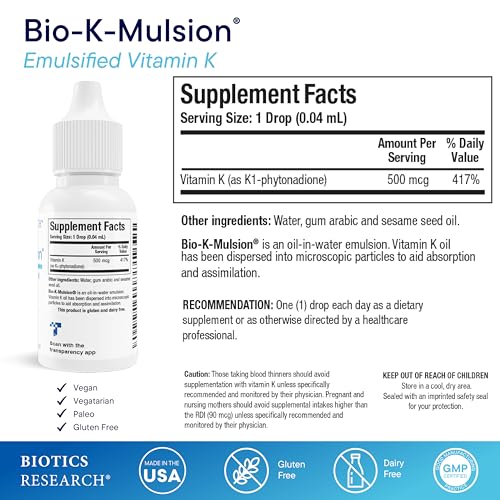 biotics research bio k mulsion liquid vitamin k drops - 500 mcgs - vitamin k1 phytonadione for adults - vit k supplement - strong bones heart health blood clotting support 1 fl oz