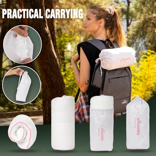 Image of alkamto Travel & Camping Comfortable Memory Foam Pillow - Easy to Carry Portable Bag - Temperature Regulating Pillow Case (Pink + Extra Cover)