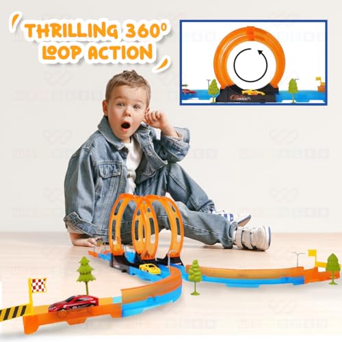 Image of Wembley 29 Pieces Multiplayer Track Set Loop Diecast Car Racing Adventure Toys for Kids 3+ Years with Double Loop 360 Spin Way 2 1:64 Scale Pull Back Car