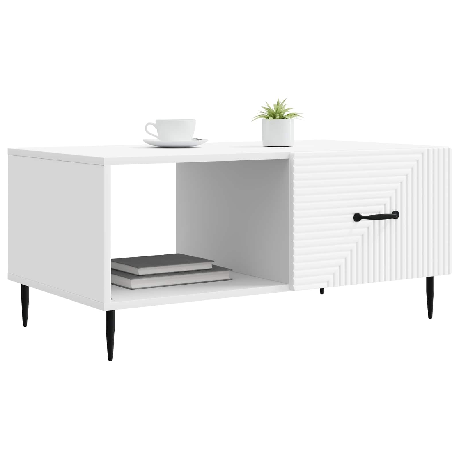 Hothingwell Biały stolik kawowy 90 x 50 x 40 cm Drewno inżynierskie | Stożkowe metalowe nóżki, zintegrowane przechowywanie, styl industrialny vintage, łatwe do czyszczenia