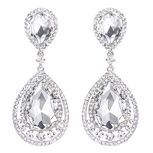 FANZE Women's Silver-Tone Austrian Crystal Big Hollow Out Teardrop Vintage Wedding Bridal Pierced Dangle Earrings Clear