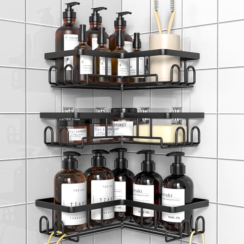 Diwoker Estanteria Baño sin Taladro, Estante Rinconera Ducha con Adhesivo, Baldas Baño Organizador Ducha, Accesorios Ducha (Negro, 3 Cesta)