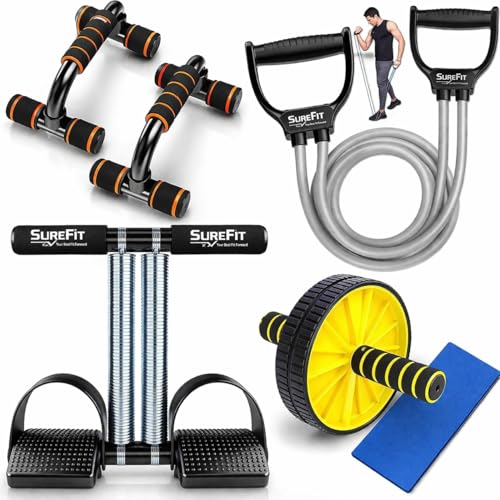 Image of SUREFIT Double Spring Tummy Trimmer, Resistance Toning Tube, Ab Roller & Push-Up Bar 4-in-1 Home Gym Combo Full Body Fitness Kit for Men & Women | Black (Black)