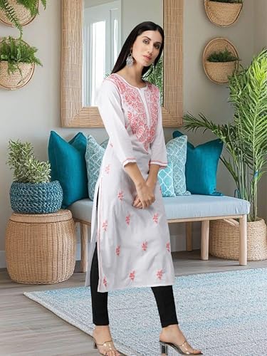 Image of Seva Chikan Hand Embroidered Lucknowi Chikankari Regular Straight Cotton Kurta Kurti for Women SCL4243