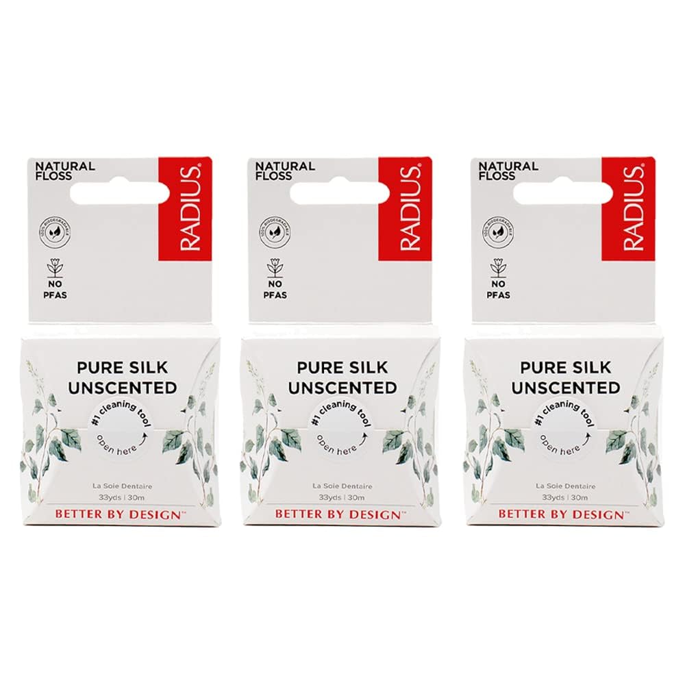 RADIUSNatural Unscented Silk Dental Floss 33 Yards Compostable Non-Toxic Oral Care & Designed to Help Fight Plaque Clear - Pack of 3