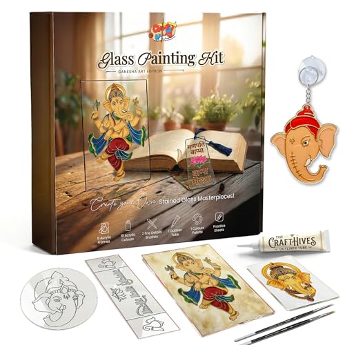 Image of The Crafthives Ganesha Glass Painting Kit | DIY Stained Glass Ganesh Art Set with Acrylic Frames, Colours, Brushes & Outliner | Creative Glass Painting Craft Kit for Kids Beginners Adults
