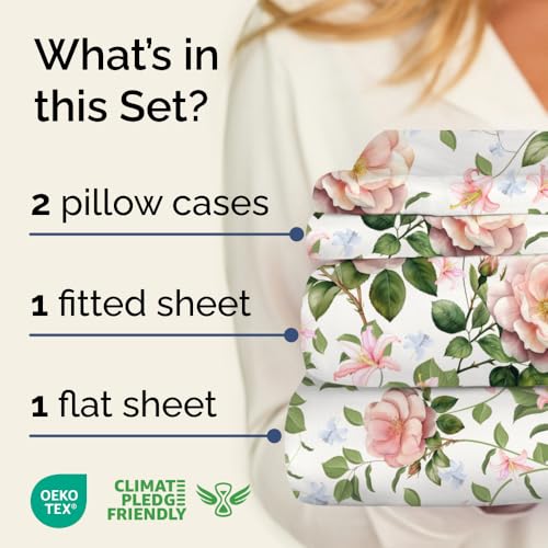 Image of Queen 4 Piece Floral Sheet Set - Soft, Breathable & Cooling - Secret Garden | 1 Flat, 1 Fitted & 2 Pillowcases w / Deep Pockets, Boho Botanical Floral Bedding, Breathable & Cooling, Wrinkle & Fade Free