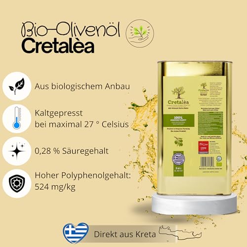 Olivenöl Bio 3 Liter Kanister - Cretalèa - aus Kreta - frische Ernte - kaltgepresst - Extra Nativ - Griechenland - Erste Güteklasse