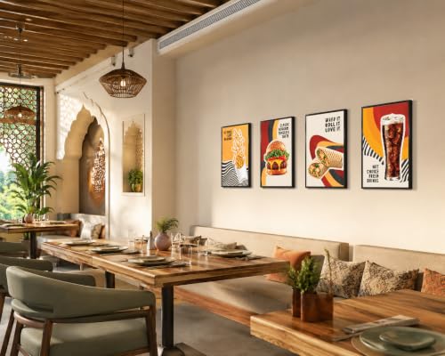 Image of Chaka Chaundh - Restaurant wall decoration items - unique Cafe quotes wall frames - funny Food walls frame - French fries frame art - Burger wall frame, Rolls and wraps wall frame, Cold Drink wall art. ( 14X11 inch. Set OF 4 )