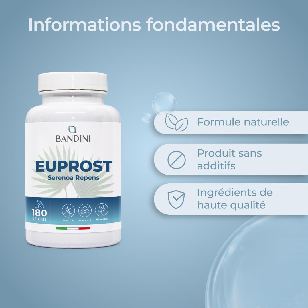 Bandini® Euprost Serenoa Repens 180 gélules | Palmier nain (Saw Palmetto), Graines de Courge, Ortie, Zinc, Vitamine D3 & B6 | Confort Urinaire hommes | Extrait 20:1 standardisé à 30% en acides gras
