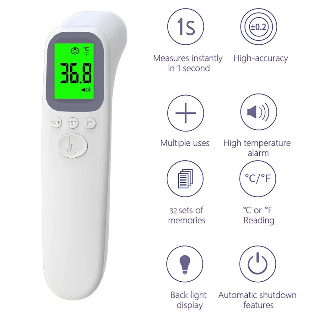 Thermomètre Frontal Sans Contact, Thermomètre Numérique avec 32 Mémoires, Écran LCD Rétroéclairé, Thermometre Frontal Adulte et Enfant, Lecture Instantanée 1s