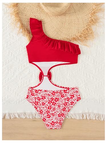 OYOANGLE Girl's Cute One Piece Swimsuit Floral Print One Shoulder Cut Out Ruffle Bathing Suits Swimwear2