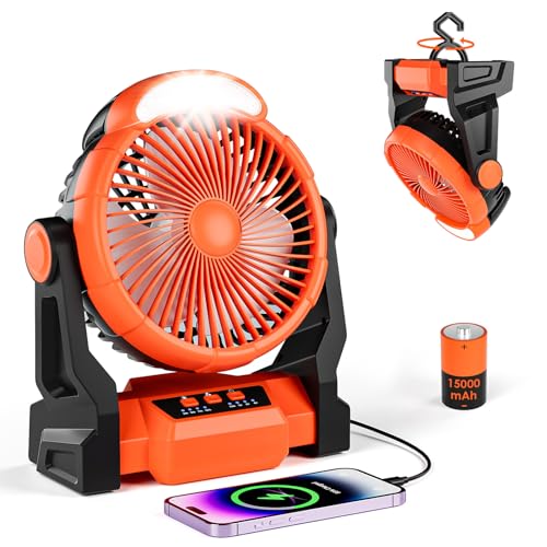 Dreamhigh® 15000mAh Camping Ventilador con Lámpara LED, Ventilador Recargable Portátil, 3 Velocidades, Rotación de 270°, Ventilador USB para Playa, Senderismo & Aire Libre