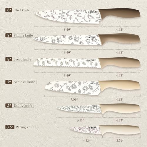 CAROTE 12PCS Knife Set, Kitchen Knife Set with 6 Blade Guards, Stainless Steel Knives Set With Nonstick Ceramic Coating, Rustproof, Delicate Floral Designs, White - Image 3