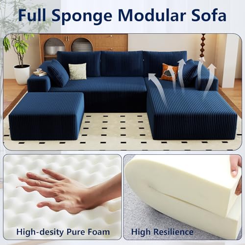 Image of 96 inch Modular Sectional Sofa with Ottoman, Modern Corduroy Cloud Couch with Deep Seat, Boneless Couch Upholstered 3-Seater U-Shaped Sofa for Living Room, No Assembly (Blue, Right-Facing Chaise)