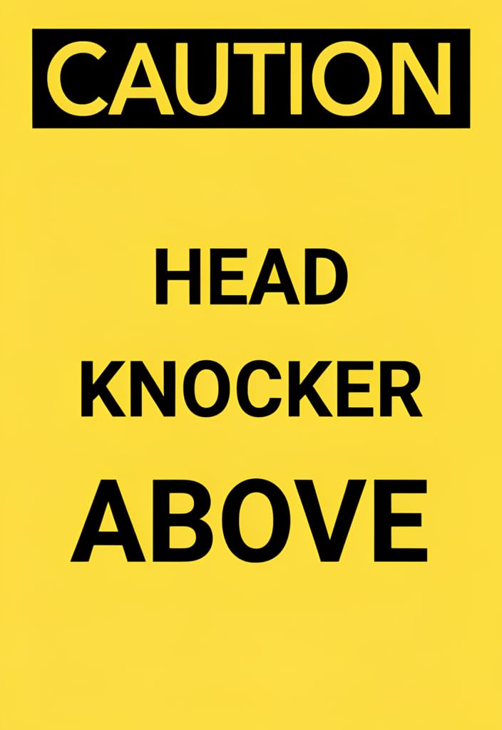 peiyeety Caution Head Knocker Above Tin Sign 12x8 Inch, Yellow & Black Metal Warning Plaque, Funny Safety Wall Decor for Garage, Workshop, Basement, Man Cave, Home Bar Gift